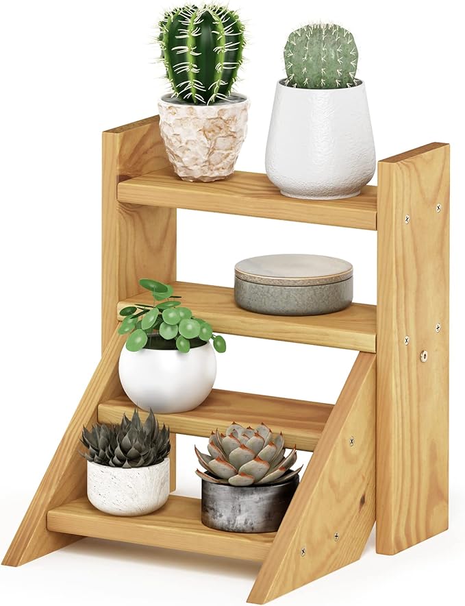 Furinno TIOMAN Plant Stand Indoor Outdoor, Tabletop Mini Ladder Planter Stand, Planter Shelf, Organizers, Indoor, Outdoor, Patio, Balcony, Garden, Pine Wood