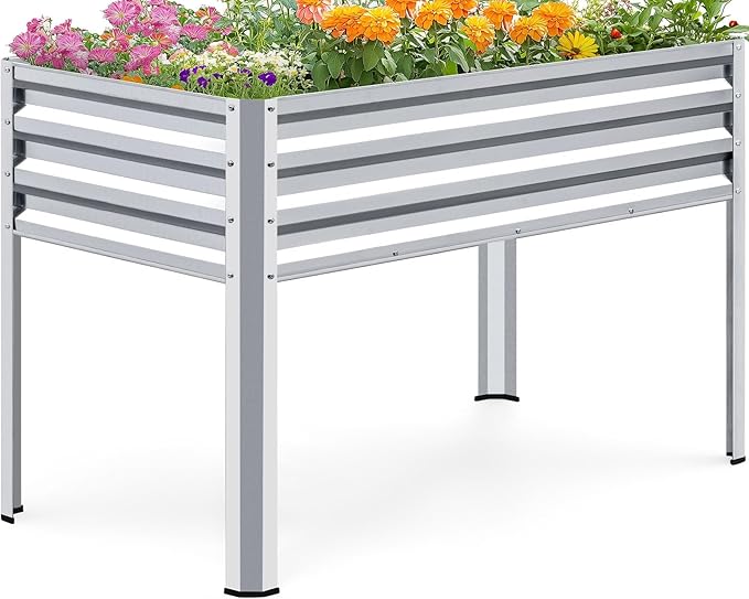 KING BIRD Large Raised Garden Bed with Legs Galvanized Elevated Planter Box 48×24×32 in for Backyard, Patio, Balcony, 400lb Capacity, Silver