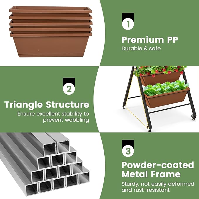 Giantex Vertical Raised Garden Bed on Wheels, 5-Tier Elevated Planter Boxes, Garden Beds with Drain Hole, Freestanding 5 Containers for Herb Vegetables Flowers Growing, Indoor Outdoor Patio Balcony