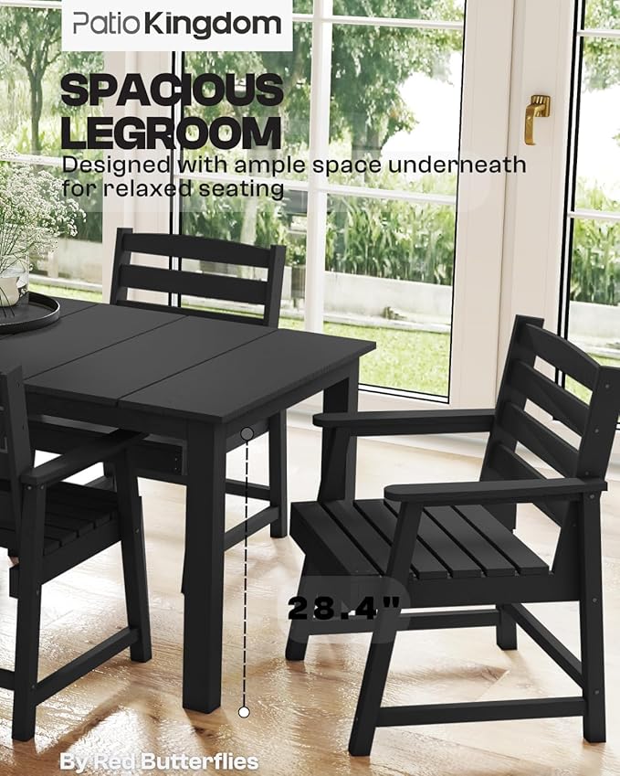 7-Piece Black Outdoor Dining Set with White 15FT Large Patio Umbrella, 75.2'' HDPE Table & Chairs for 6, Weather-Resistant Furniture with Umbrella Hole for Patio, Lawn, Poolside