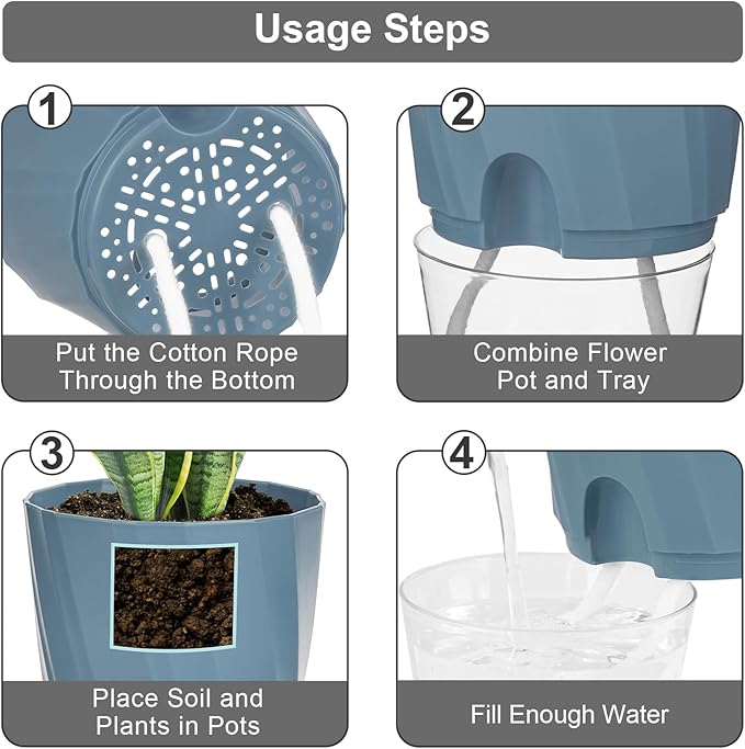 KIMCHOMERSE Self Watering Plant Pots, 4.7 Inch Plant Pots 6-Pack Indoor Planter Pots with Drainage Holes and Tray for Home Decor（2White, 2Pink, 2Blue）