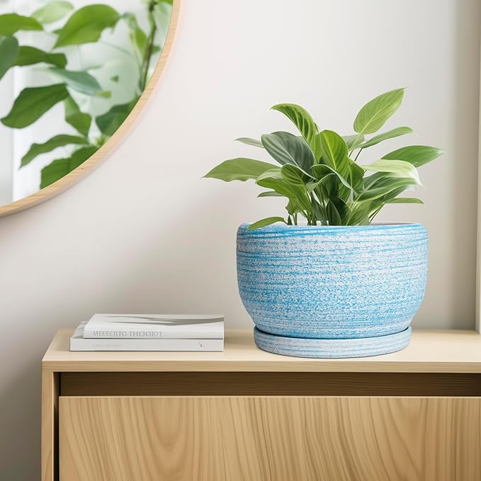 SQOWL Ceramic Plant Pots - 10 Inch Ceramic Flower Pots with Drainage Hole and Saucer, Round Large Planter for Indoor Outdoor, Decorative Modern Planter, Kitchen Decor, House Warming Gifts, Blue