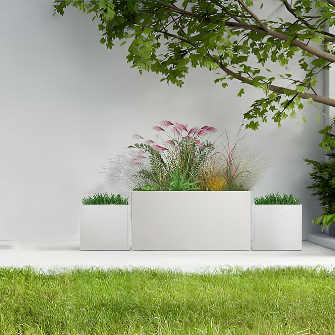 White Steel Planter Rectangular Outdoor Indoor Planter Box Galvanized Steel Metal 32" L x 16" W x 16" H Large Planters Flower Pot Modern Commercial Residential for Trees Patio Yard Garden