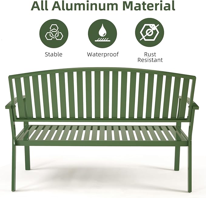 Outdoor Bench Weatherproof Aluminum Patio Garden Bench, Patio Loveseat for Porch Garden Lawn Backyard Park Balcony (Green)