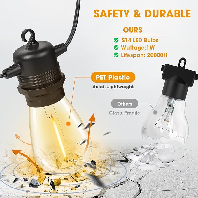 100FT LED Outdoor String Lights, Commercial Grade Patio Lights with 30+2 Shatterproof S14 Edison Vintage Bulb for Outside Backyard Porch Balcony Party Cafe Decor