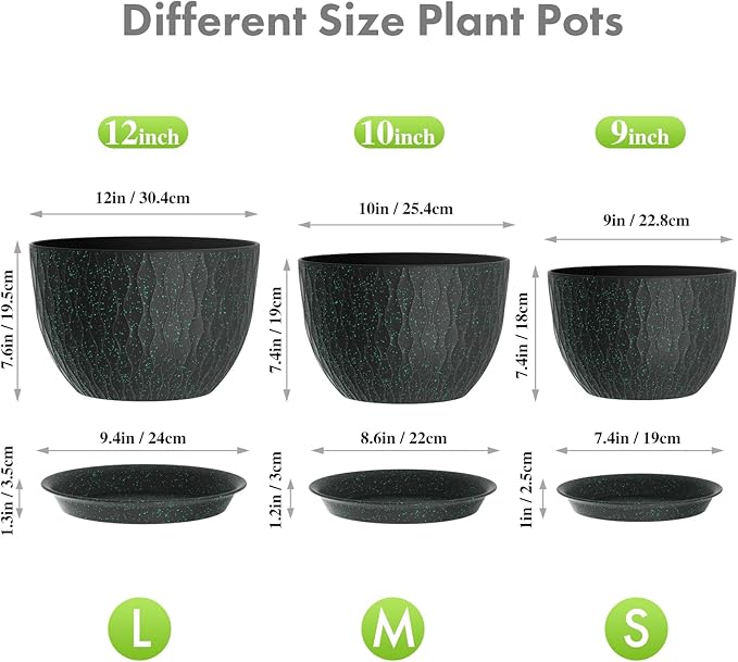 12/10/9 inch Large Plant Pots, 3 Pack Wide Flower Pots for Outdoor Indoor Plants, Water Ripples Plastic Planters with Drainage Holes and Saucers for Garden House, Black with Green Speckles