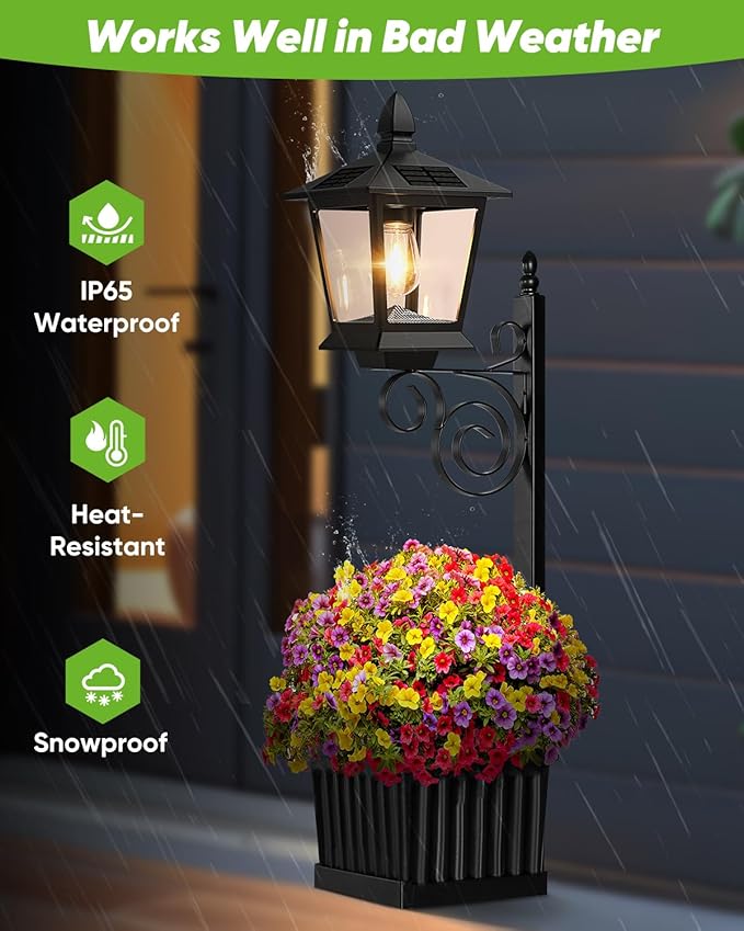 Outdoor Flower Pots 2 in 1, Solar Lamp Post with Planter, Metal Pole, Wall Mount/Standing Solar Planter Lights IP65 Waterproof, Decorative Lamp for Garden, Patio, Porch, 1-Pack (Flowers not Included)