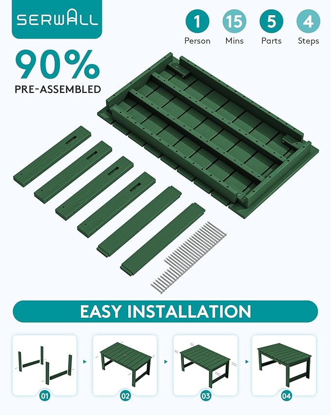 SERWALL Outdoor Coffee Table with 1.69" Umbrella Hole, HDPE Patio Coffee Table for Outside, Rectangle, Green