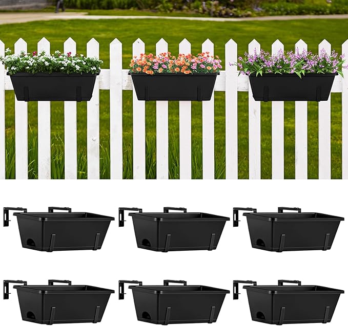 ETELI Railing Planter Hanging and Planter Box Brackets Set 6 Pack Adjustable Deck Window Boxes Planters with Drainage Holes for Garden Railing Fence, Black