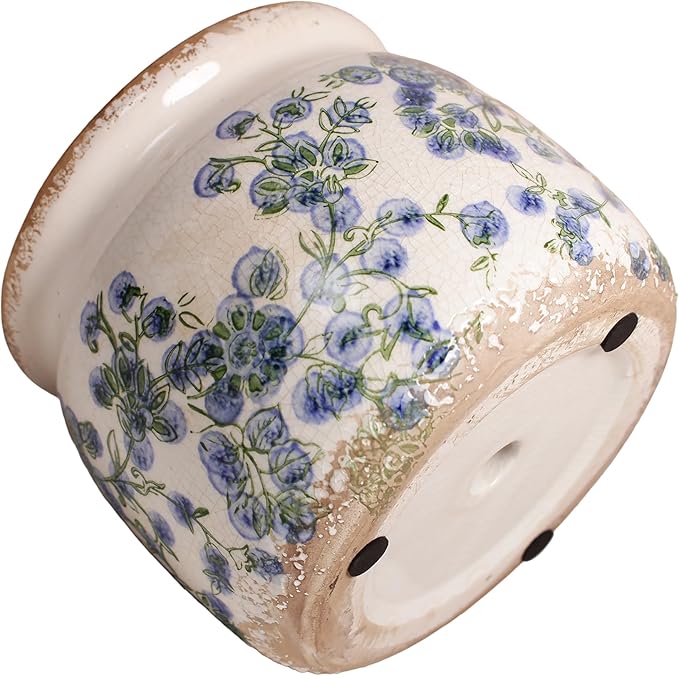 Ceramic Planters Spring Decor, 6.29in Country Cottage Plant Pots with Drainage Hole for Indoor Plants & Succulent, Vintage Crackle Glaze Finish Flower Vase, Home Decor Gifts, Deep Blue Floral