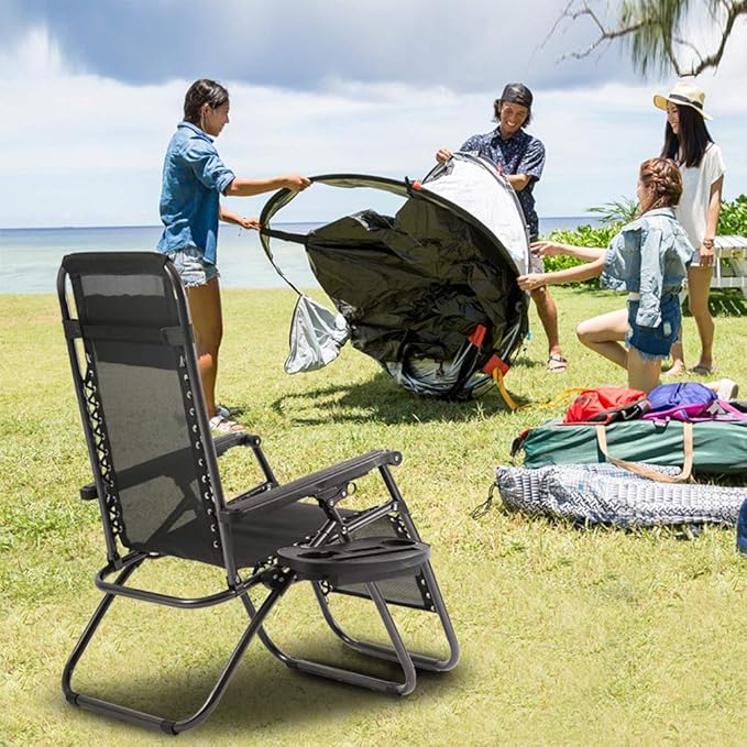 FDW Zero Gravity Chairs Set of 2 Black Lounge Patio Chairs Outdoor Yard Beach with Cup Holders, Black