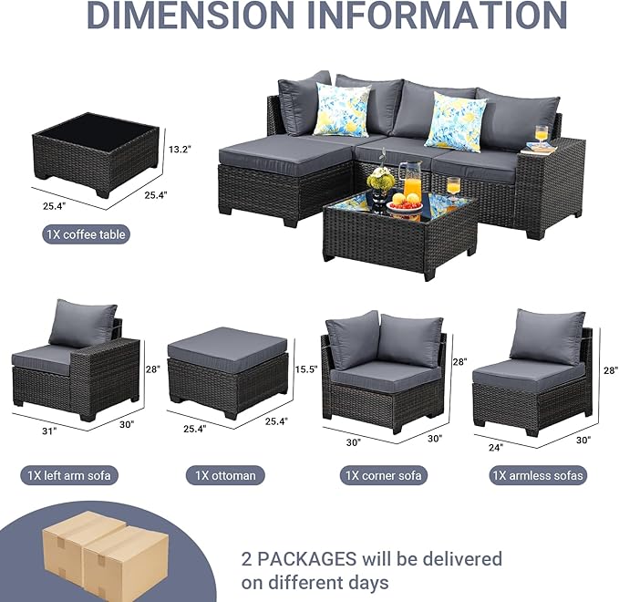 Jing's Villa 5-Piece Patio Furniture Set, All-Weather Outdoor Wicker Sectional Sofa with Cushions, Tempered Glass Table & Ottoman, Rattan Conversation Seating for Porch, Garden, Backyard,Grey
