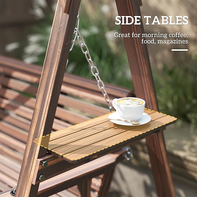 Outsunny 3 Seat Porch Swing with Stand, Wooden Patio Swing Chair with Side Tables and Metal Chains, Outdoor Swing Bench for Garden, Poolside, Backyard, Carbonized Brown