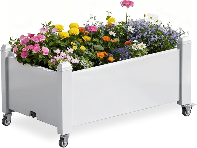 Raised Garden Bed with Wheels, 14 Gallon Self-Watering Raised Planter Box with Drainage Plug & Gauge for Vegetables Flowers Herbs Succulents, Rustproof Resin for Backyard Patio Porch (Ashen)