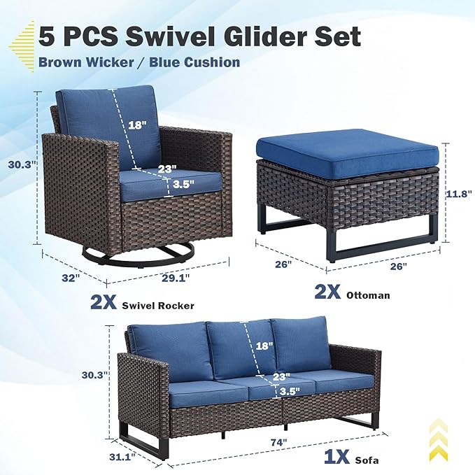 Belord Wicker Patio Furniture 5 Piece Outdoor Sofa Set, Oversize Outdoor Swivel Rocker Chairs with Rattan Ottomans, Conversation Sets Patio Furniture Come with Removable Cushion Blue, Anti-Rust Frame