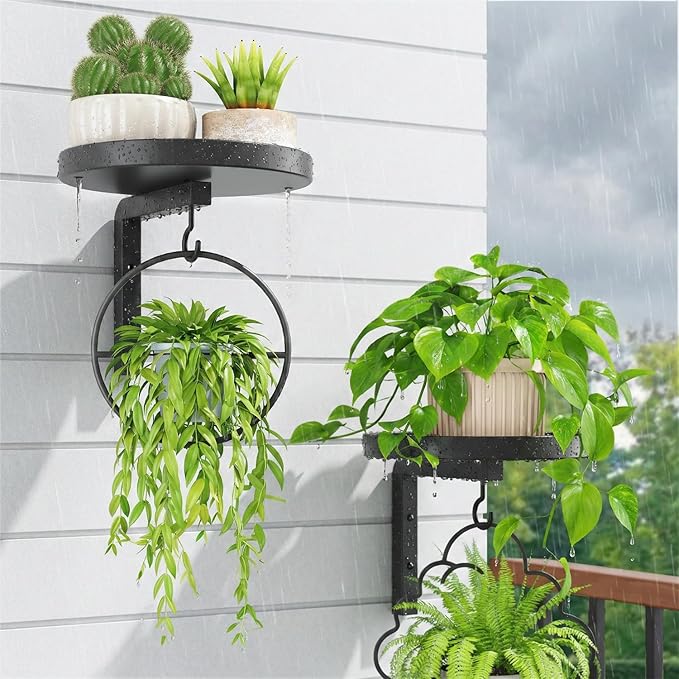 iDavosic.ly Wall Plant Holder Set of 2 for Outdoor with Drain Hole, Metal Hanger with 2 Hooks, Floating Flower Display Stand for Window, Space Saving & Easy to Assemble (Pots/Plants Not Included)