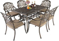 VINGLI 7 Pieces Outdoor Dining Set, Cast Aluminium All-Weather Patio Dining Set for 6 with Umbrella Hole, Outdoor Dining Table and Chairs with Cushion for Yard, Garden, Porch and Poolside, Bronze