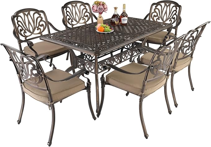 VINGLI 7 Pieces Outdoor Dining Set, Cast Aluminium All-Weather Patio Dining Set for 6 with Umbrella Hole, Outdoor Dining Table and Chairs with Cushion for Yard, Garden, Porch and Poolside, Bronze