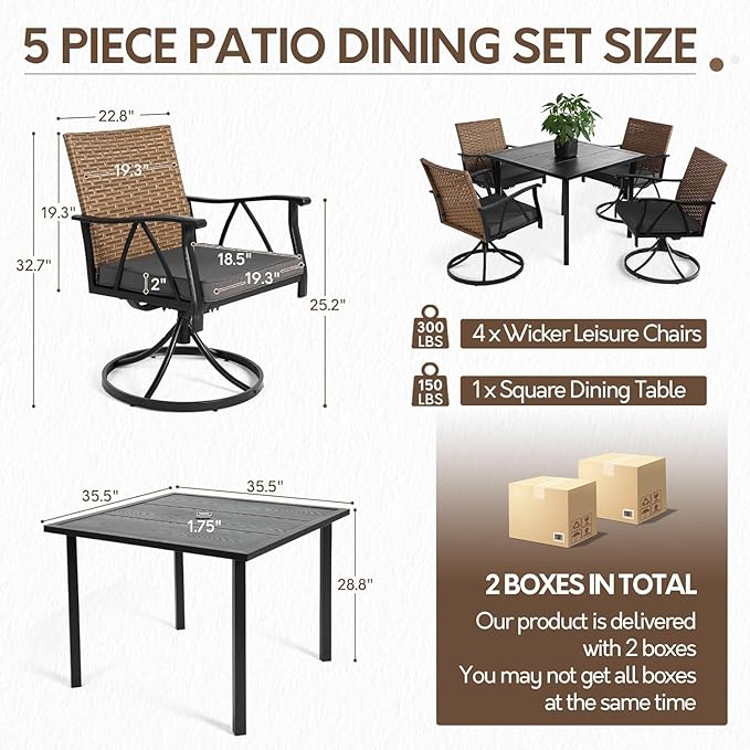 5-Piece Patio Dining Set for 4，Outdoor Dining Set with Wicker Swivel Patio Dining Chairs with Cushions & 1 Black Square Woodgrain Dining Table with 1.75”Market Umbrella Hole, Black & Brown