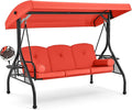 HOMREST 3 Seat Outdoor Porch Swing with Adjustable Canopy, Convertible Patio Swing Bed with Stand, Patio Glider Swing with Upgraded Cup Holder, Thicken Cushions ＆ Pillow for Backyard(Orange)