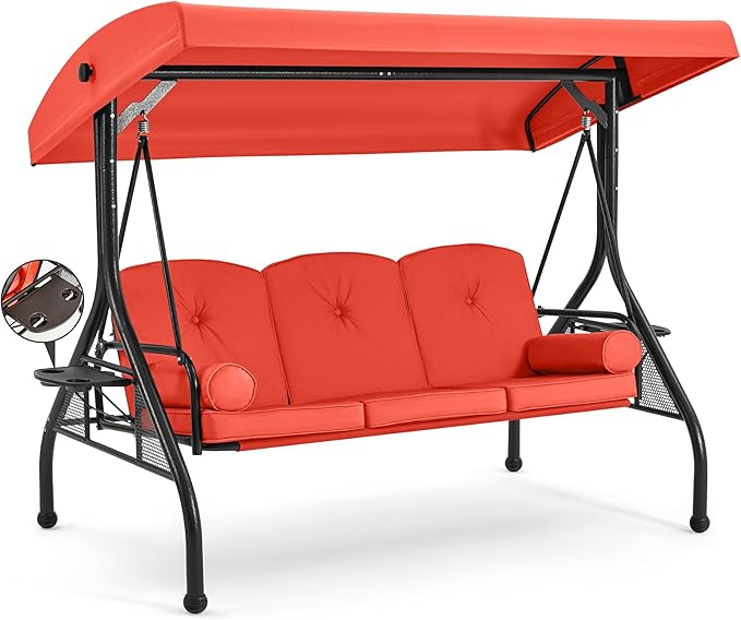HOMREST 3 Seat Outdoor Porch Swing with Adjustable Canopy, Convertible Patio Swing Bed with Stand, Patio Glider Swing with Upgraded Cup Holder, Thicken Cushions ＆ Pillow for Backyard(Orange)