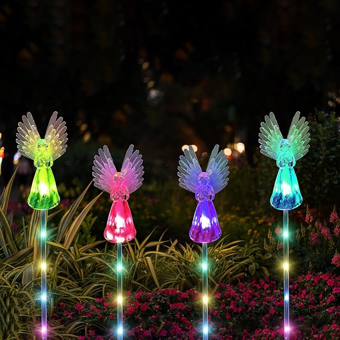 2 Pack Solar Angel Lights Outdoor Decor, Decorative Color Changing Waterproof LED Angel Stake Lights for Cemetery Grave Garden Patio Yard Art Lawn Decoration, Grave Markers, Memorial Gifts