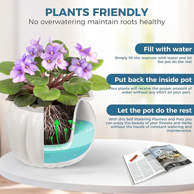 BUYMAX African Violet Pots, 6 inch Pumpkin-Style Ceramic Easy Self Watering Plant Pot for Busy Plant Lovers, Automatically Absorb Appropriate Amount of Water, Flower Pot Indoor-Plants Not Included