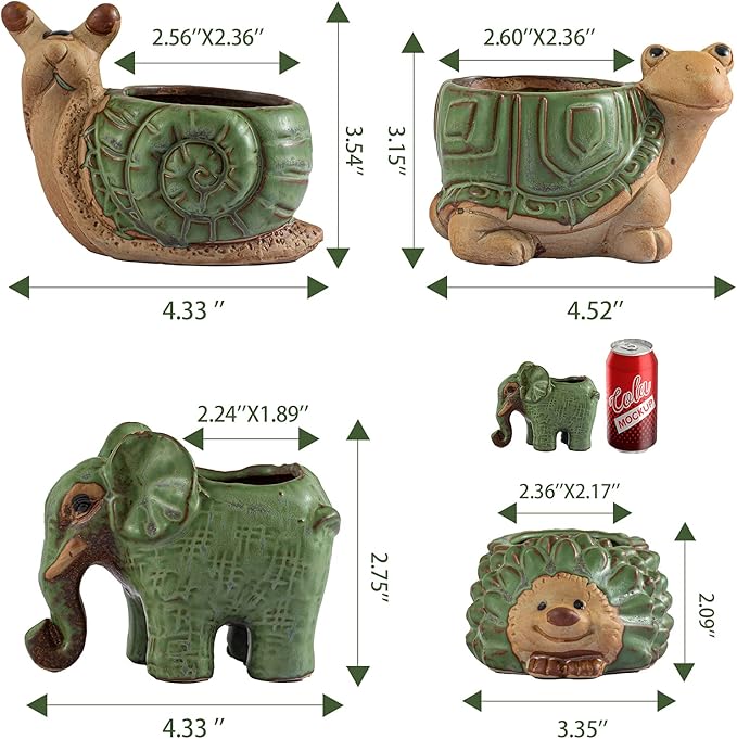 Small Succulent Pots with Drainage, Indoor/Outdoor Ceramic Animal Planter, Cute Cactus/Bonsai Small Flower Pots for Home Decor and Office Desk Decoration, A Set of 4 Pieces is Suitable as A Gift