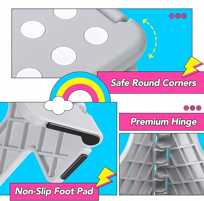Delxo Folding Step Stool, 11 inch Non-Slip Foldable Stools for Kids & Adults Up to 300 LBS, Step Stool with Handle, Lightweight for Kitchen, Bathroom, Bedroom, Garden, Grey, 1PC