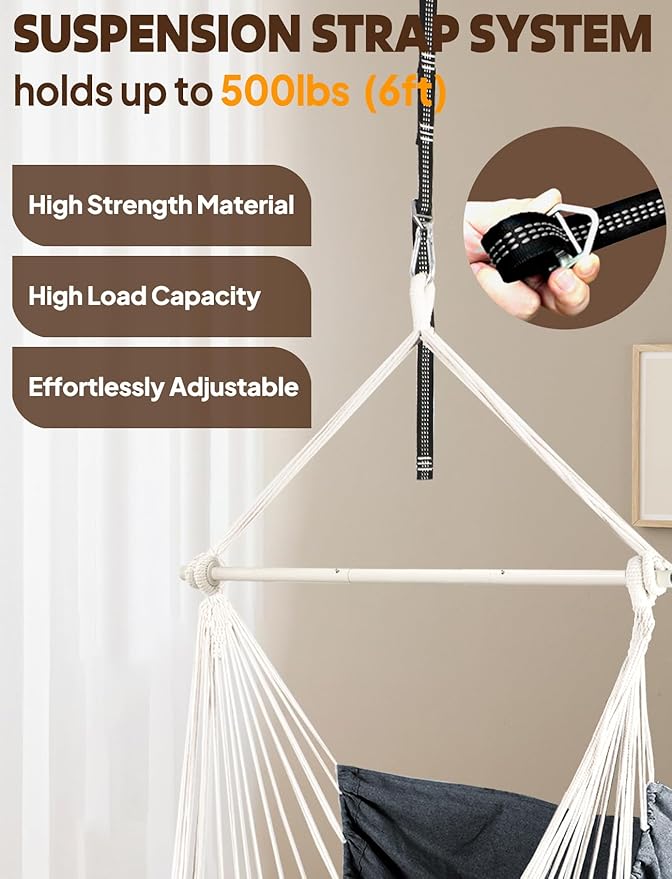 Chihee Hammock Chair Hanging Swing Max 500 Lbs 2 Cushions Included Steel Spreader Bar with Anti-Slip Grooves Portable Hanging Chair Side Pocket Large Macrame Bohemian Chair Indoor Outdoor