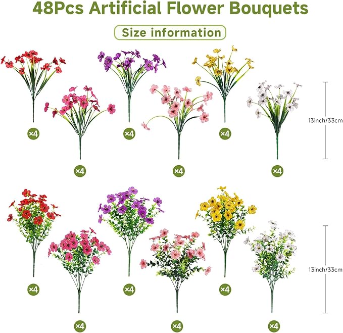 Alupssuc 48 Bundles Artificial Flowers for Outdoors Decoration, UV Resistant Silk Faux Daisy Flora Spring Fake Plastic Plants Greenery for Outside Indoor Yard Home Porch Window Box Decor, Mix 6 Colors