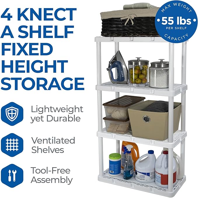 Gracious Living 3 Pack Light Duty Storage Shelves, Knect-A-Shelf 4-Shelf Ventilated Shelving Rack Organizer for Home, Garage, Basement & Laundry, White