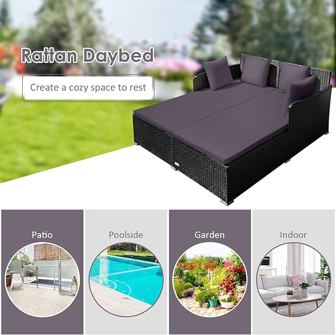 COSTWAY Outdoor Patio Rattan Daybed, Sponge Cushioned Loveseat Sofa with 4 Pillows, Wicker Furniture Sunbed for Balcony, Courtyard (Grey)