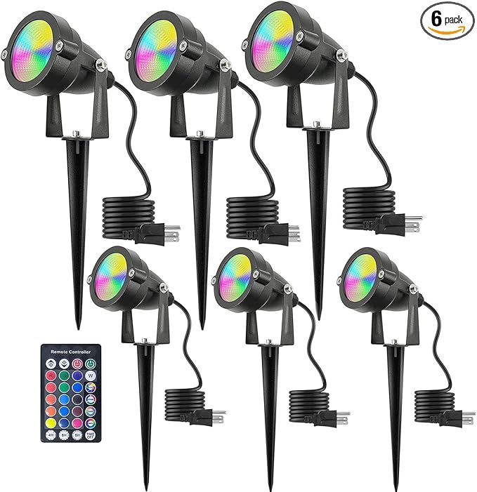 Christmas Outdoor Landscape Spotlight with Timer, 10W LED Color Changing Outdoor Spot Lights IP65 Waterproof RGB Metal Case Spotlights with Stake Stand for Yard Garden Lawn House, 6 Lights