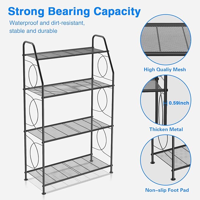 Plant Stand, 4 Tier Plant Shelf for Indoor Outdoor, Heavy Duty Metal Tall Plant Stands Holder Rack for Living Room Balcony and Garden, Black