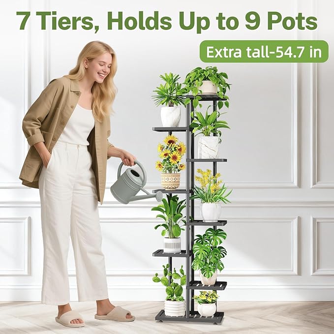 iDavosic.ly Plant Stand Indoor Outdoor, 7-Tier Tall Metal Flower Shelf for Heavy-Duty Large Planters, Corner Orchid Display Rack for Living Room Balcony Patio Porch, Space Saving, Modern Black
