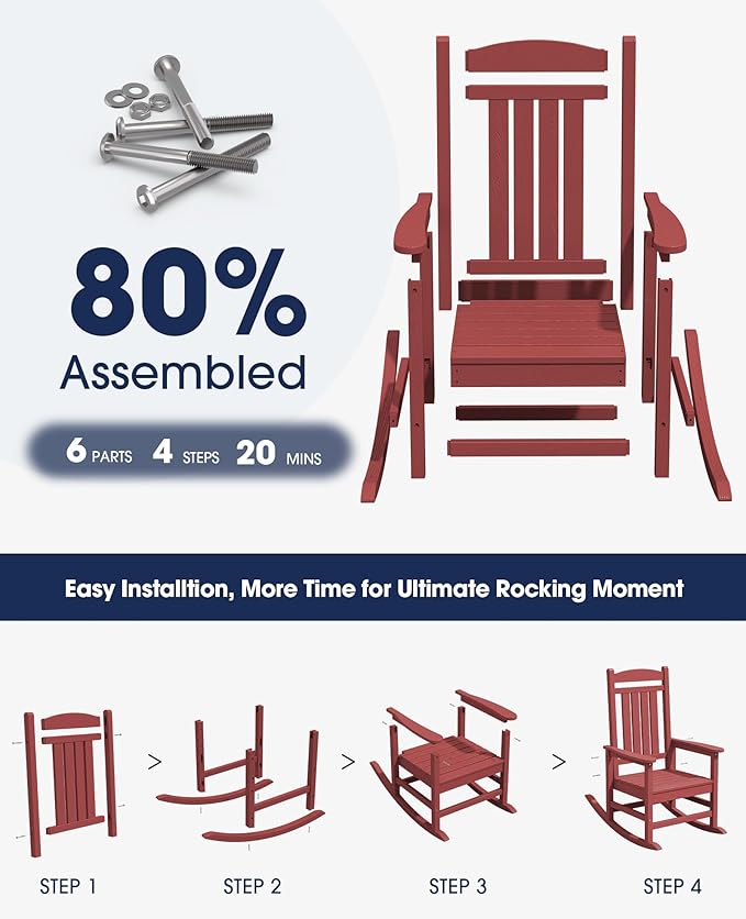 KINGYES HDPE Outdoor Rocking Chair Set of 4, All-Weather Poly Patio Rocking Chairs with 330lbs Support for Adults, Dark Red