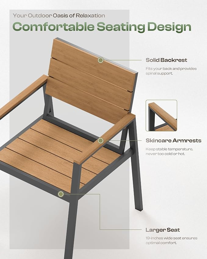 Outdoor Patio Dining Chairs Set of 2, 350LBS Capacity Aluminum Patio Dining Chairs with Armrests, Weather-Resistant for Lawn, Garden, Yard, Poolside and Indoor Use (Gray & Teak)