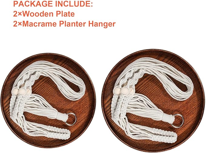 E-Know Macrame Plant Hanger - 2 Set Indoor Hanging Planter Shelf - Hanging Planter Rack Decorative Flower Pot Holder - Handmade Cotton Plant Hangers with Wood Tray Boho Home Decor