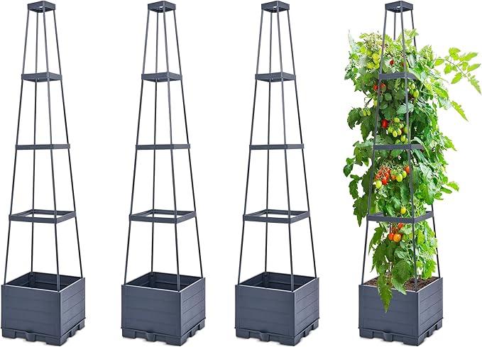 GENMOUS Raised Garden Bed with Tomato Planter Box Trellis, 56'' Tomato Cages for Garden, Tomato Planter Cage for Patio for Climbing Plants Vegetable Vine Flowers Outdoor & Indoor, 4 Pack