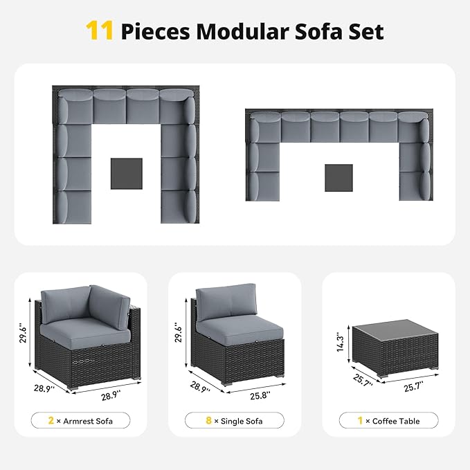 Aoxun Patio Furniture Set, 11 Piece Outdoor Sectional Sofas with Waterproof Cover, 10 Seats Wicker Rattan Outdoor Furniture Patio Conversation Set for Backyard, Garden Light Grey