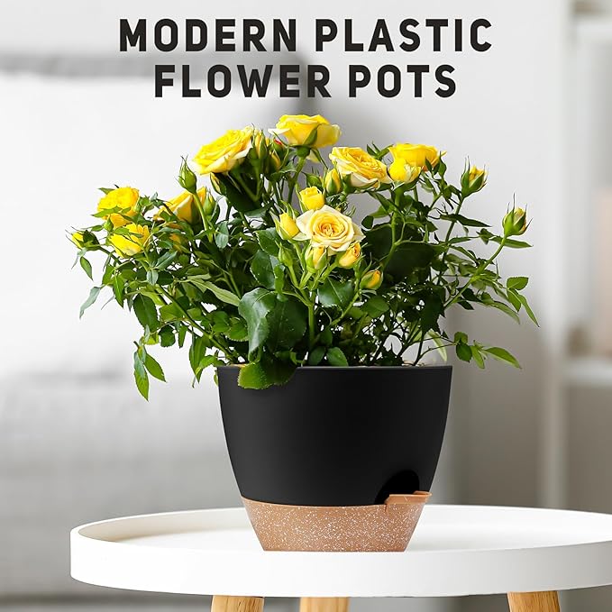 12 inch Large Self Watering Plant Pots, Flower Pots Planters with Multi Mesh Drainage Holes for Indoor Outdoor Garden Plants and Flowers.（Black）