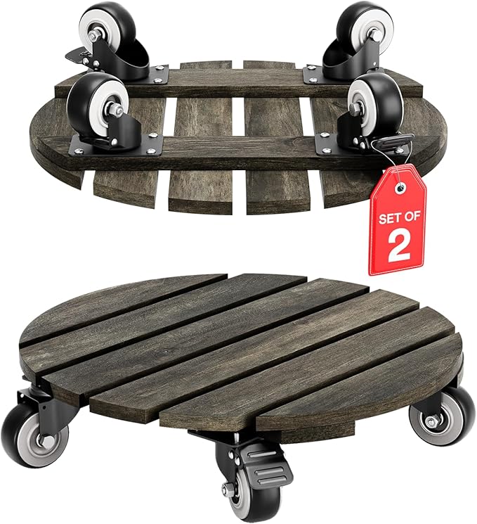 Idzo 2pack Wood Plant Caddy With Wheels Heavy Duty, 264 Lbs Capacity, 12 Inch Acacia Hardwood Plant Dolly, Plant Stand with 360° Lockable Wheels for Plant Pots, Heavy Objects Hauling - Black
