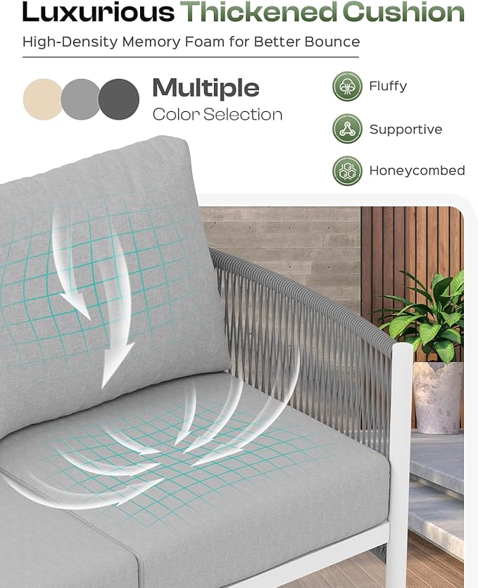 Aluminum Outdoor Patio Couch Loveseat, HDPE Rope Patio Sofa with Washable Thick Cushion, All-Weather Patio Furniture for Balcony, Yard, White Frame, White
