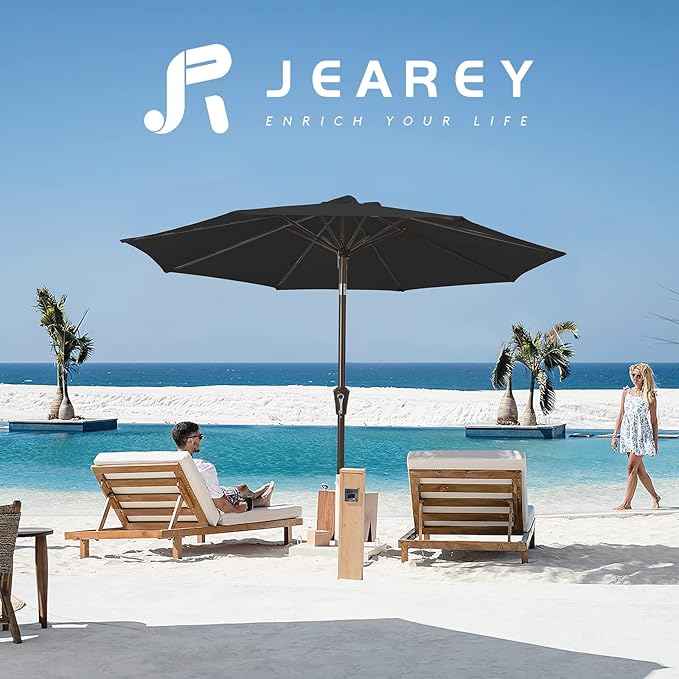 JEAREY 9FT Outdoor Patio Umbrella Outdoor Table Umbrella with Push Button Tilt and Crank, Market Umbrella 8 Sturdy Ribs UV Protection Waterproof for Garden, Deck, Backyard, Pool (Black)