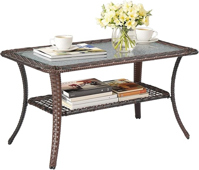VINGLI Outdoor Coffee Table with Storage Wicker Patio Coffee Table, Tempered Glass Top Coffee Table for Patio Outside Balcony Porch Deck (Brown)