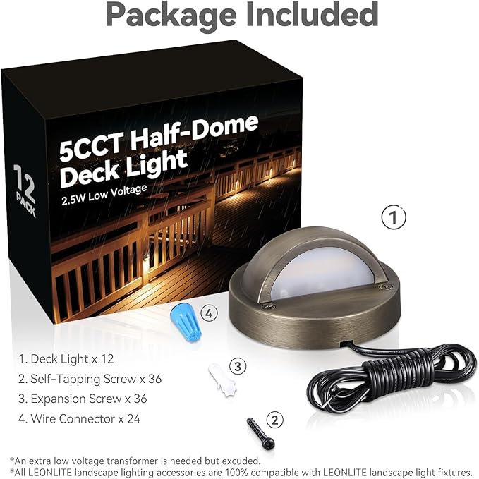 LEONLITE 12-Pack Update 5CCT LED Low Voltage Deck Lights, 180LM 3.74inch Landscape Step Railing Fence Light, 12-24V AC/DC, CRI90, Die-cast Aluminum Housing & Frosted Glass Lens, UL Cord, Bronze