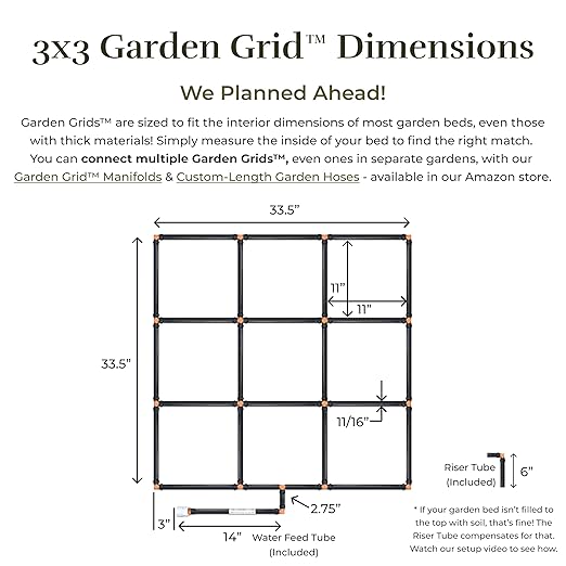 The Garden Grid | Pre-Assembled Raised Garden Bed Irrigation System – Waters Every Plant Evenly, 1-Minute Setup, Hassle-Free Design Lasts 5–10x Longer Than Drip Kits | USA-Made | 3x3 (33.5"x33.5")