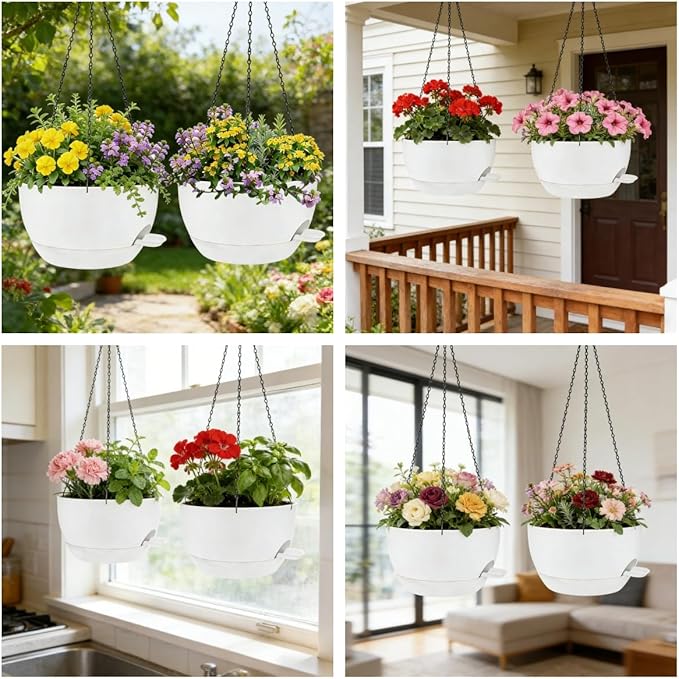 2 Pack 12 Inch Self Watering Hanging Planters for Indoor Plants, Large White Plastic Hanging Pots with Chains for Outdoor Patio Garden Home Decor White