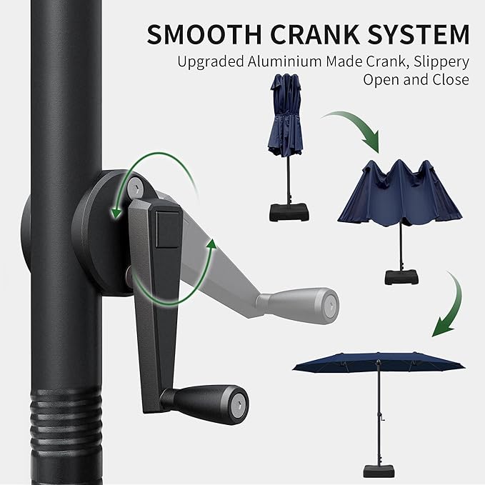 OLILAWN Patio Table Umbrella, 15ft Large Deck Umbrella with Base Included, Outdoor Double-Sided Rectangle Market Umbrella with Aluminium Crank, 12 Sturdy Ribs, for Deck Porch Garden,Dark Blue